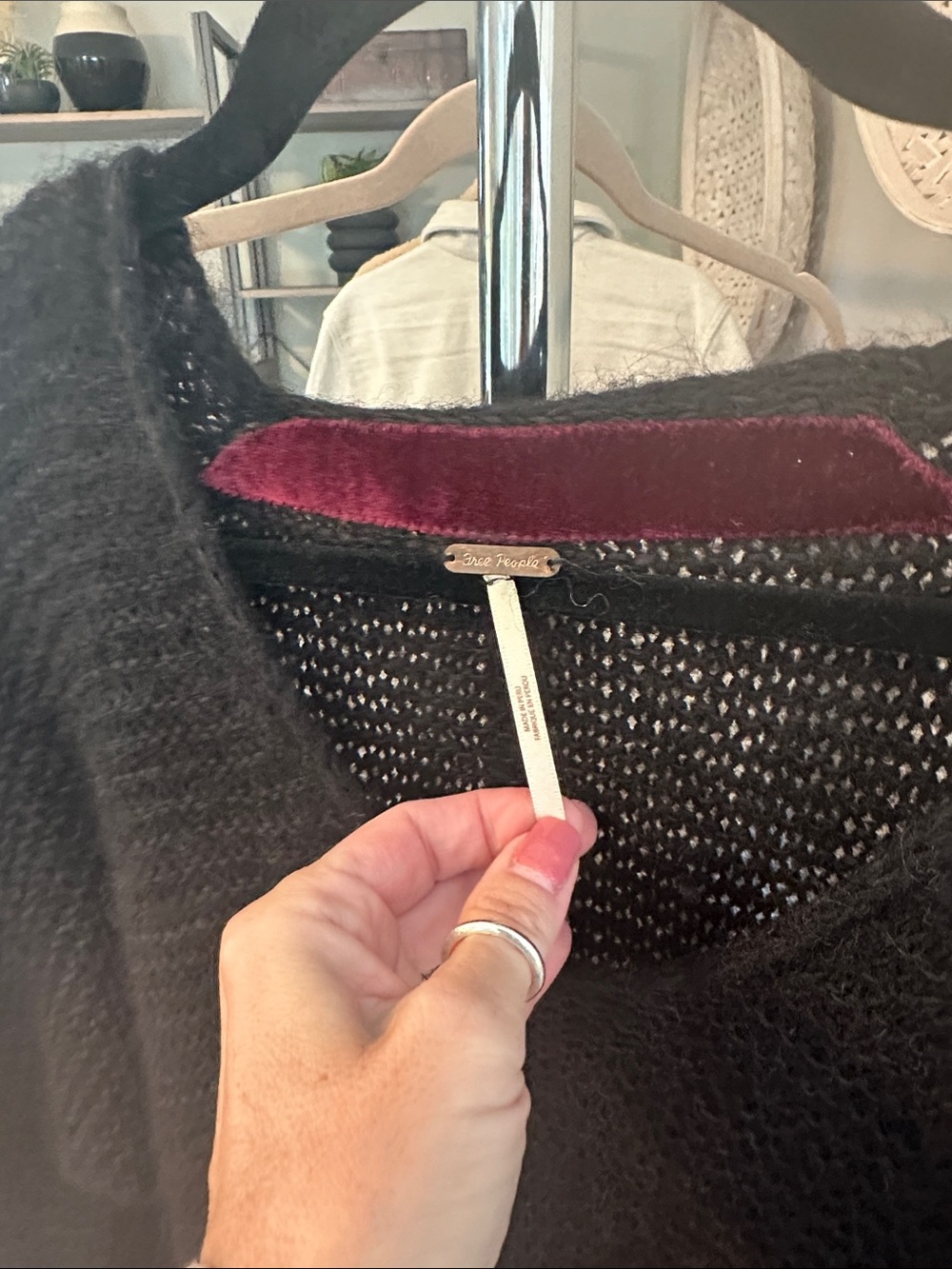 Free People Black Fuzzy Open-Knit Cardigan with Wine Velvet Trim